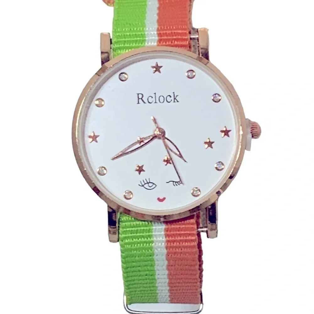 Watch Women’s Analog Round  Preppy Stripe Canvas Buckle Band Green Coral